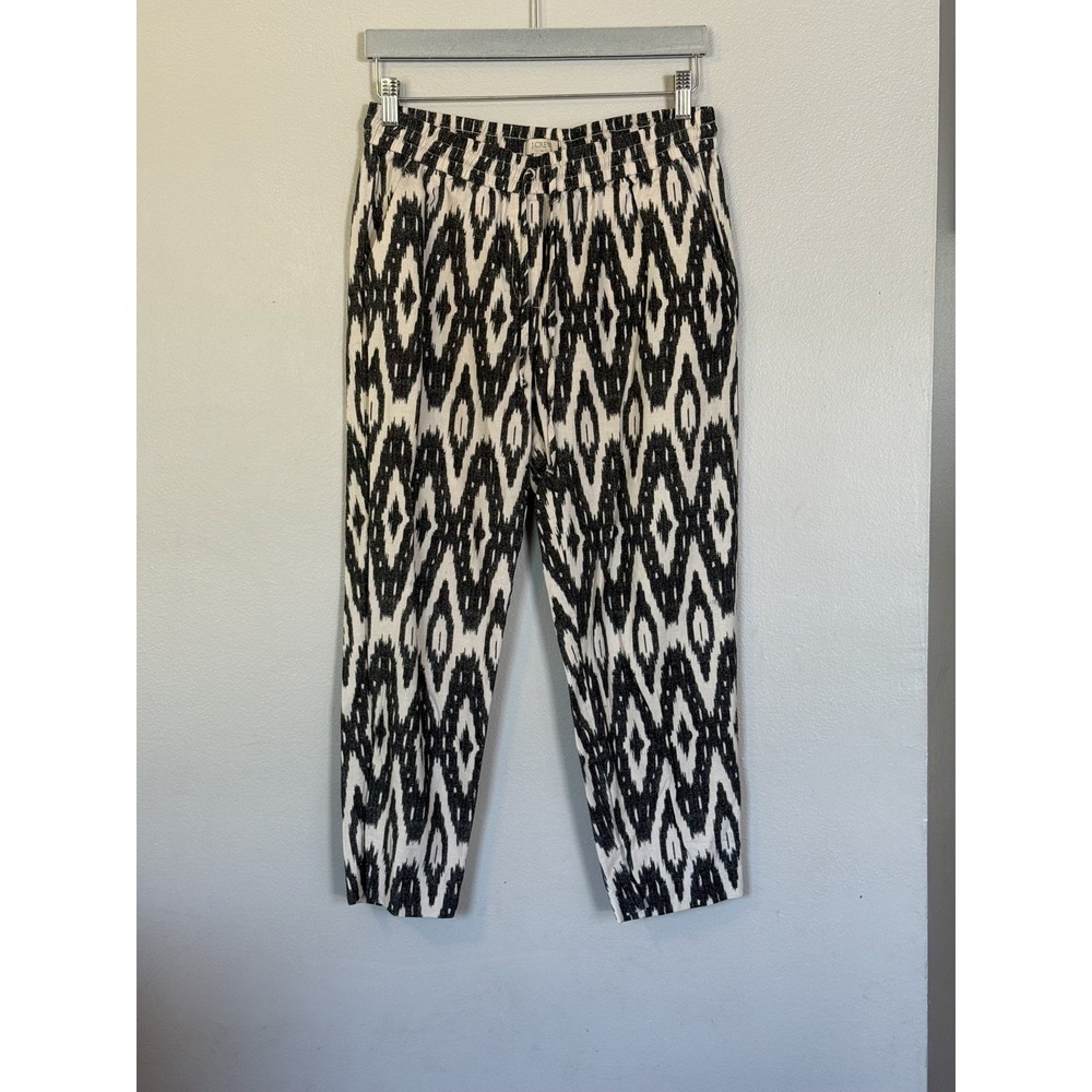J. Crew Pants Linen Blend Drawstring Womens Sz 4 Pull On Black-White Ikat Print